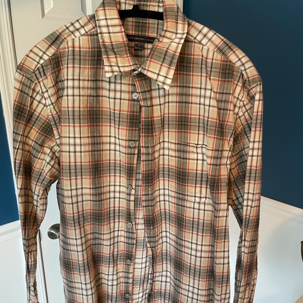 John Varvatos shirt, M, Red/Tan/Gray Plaid